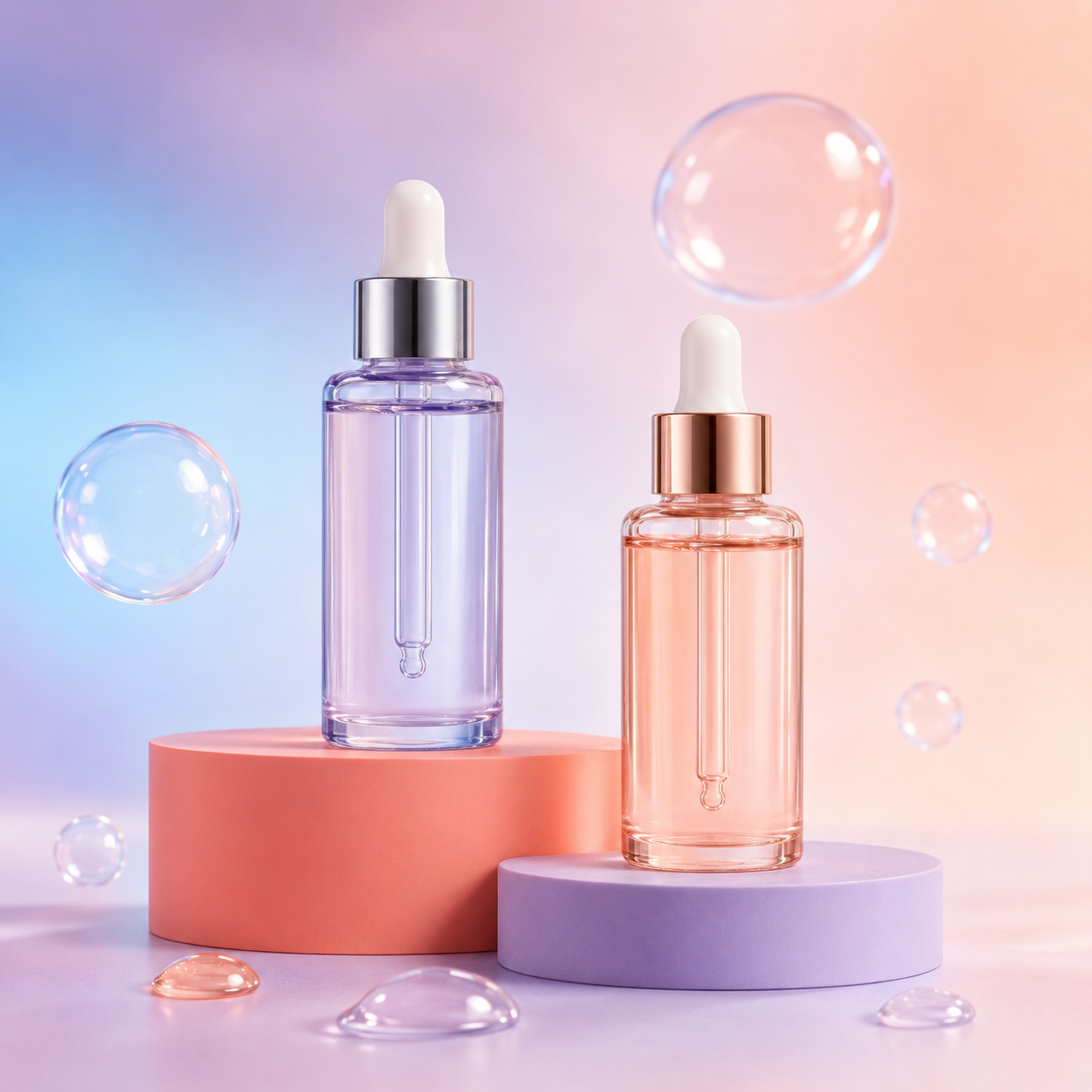 Two pastel serum bottles on colorful platforms